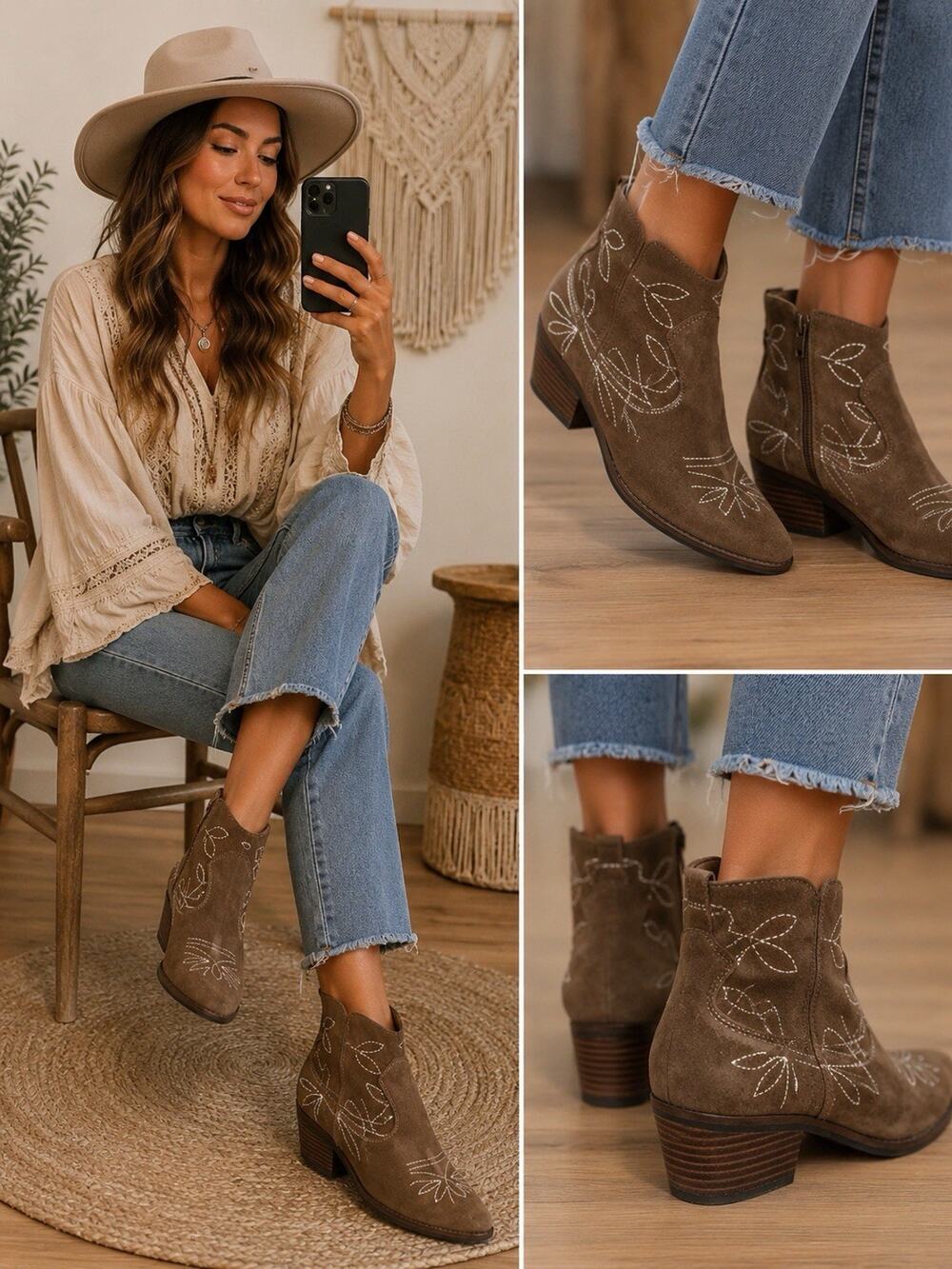 Lucky Brand Brown Suede Western Ankle Boots Embroidered Cowboy Boho Size 9